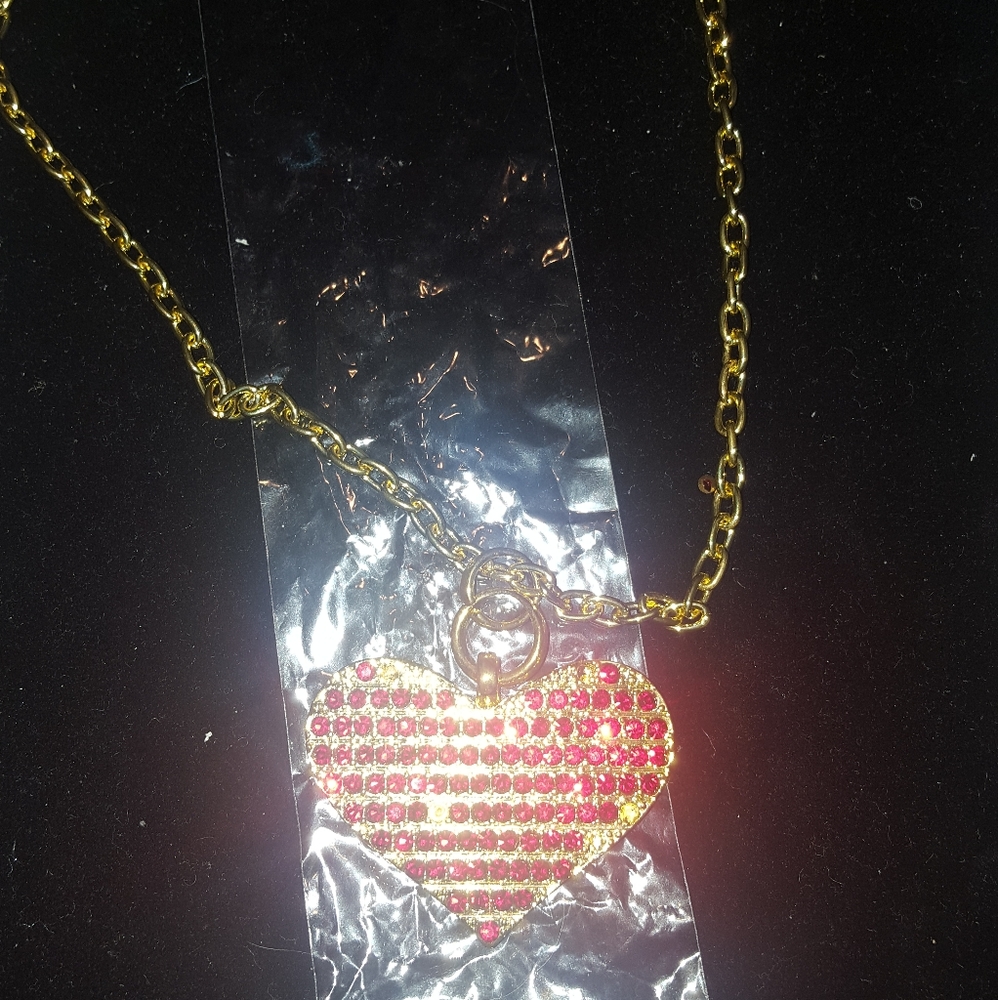 28in Large Crystal Heart Red Gold necklace new